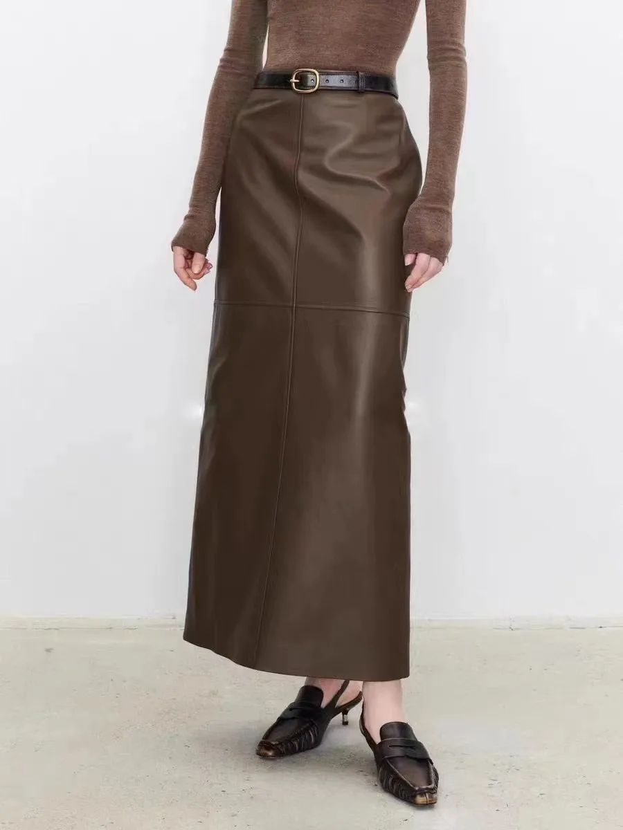 

Women Real Sheepskin Genuine Leather A Skirts Fashion High Waist Slimming Fit Matte Mist Medium Long Length Solid Color