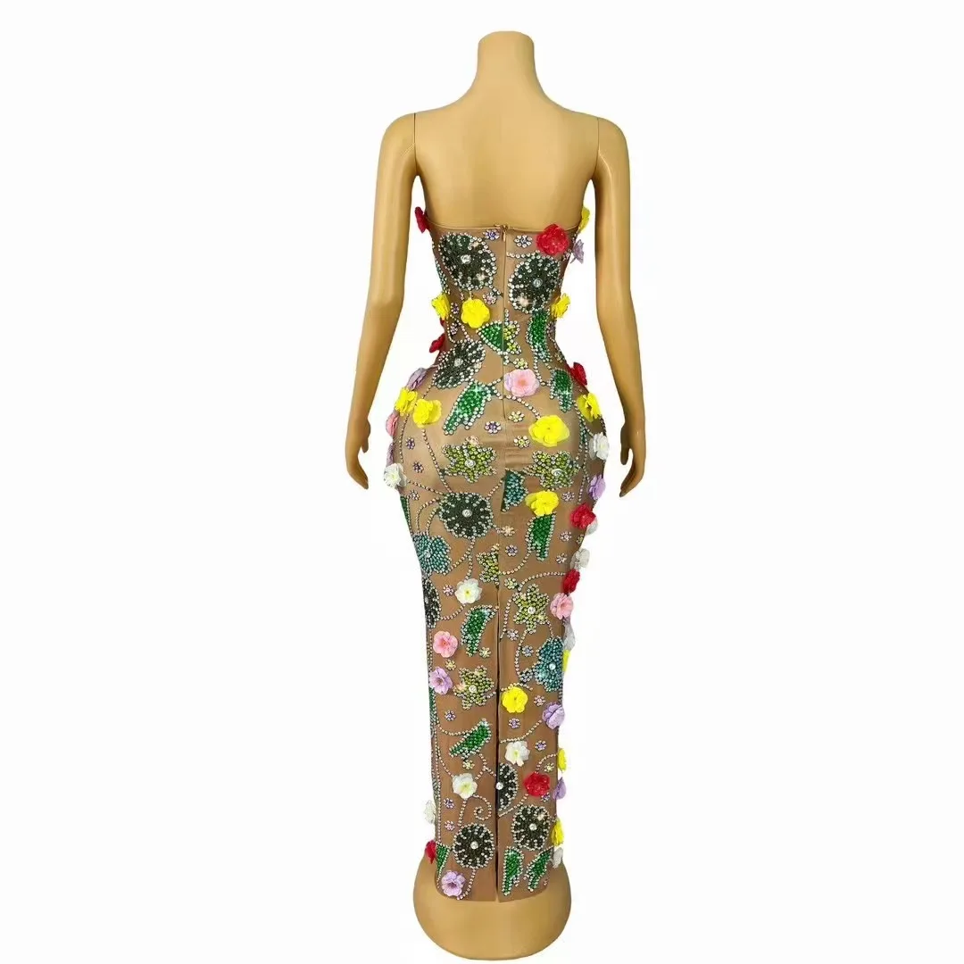 Sexy Gorgeous Special Party Celebrate Colourful Rhinestones Flowers Dress Evening Red Carpet Fashion Show Stage Photoshoot Dress