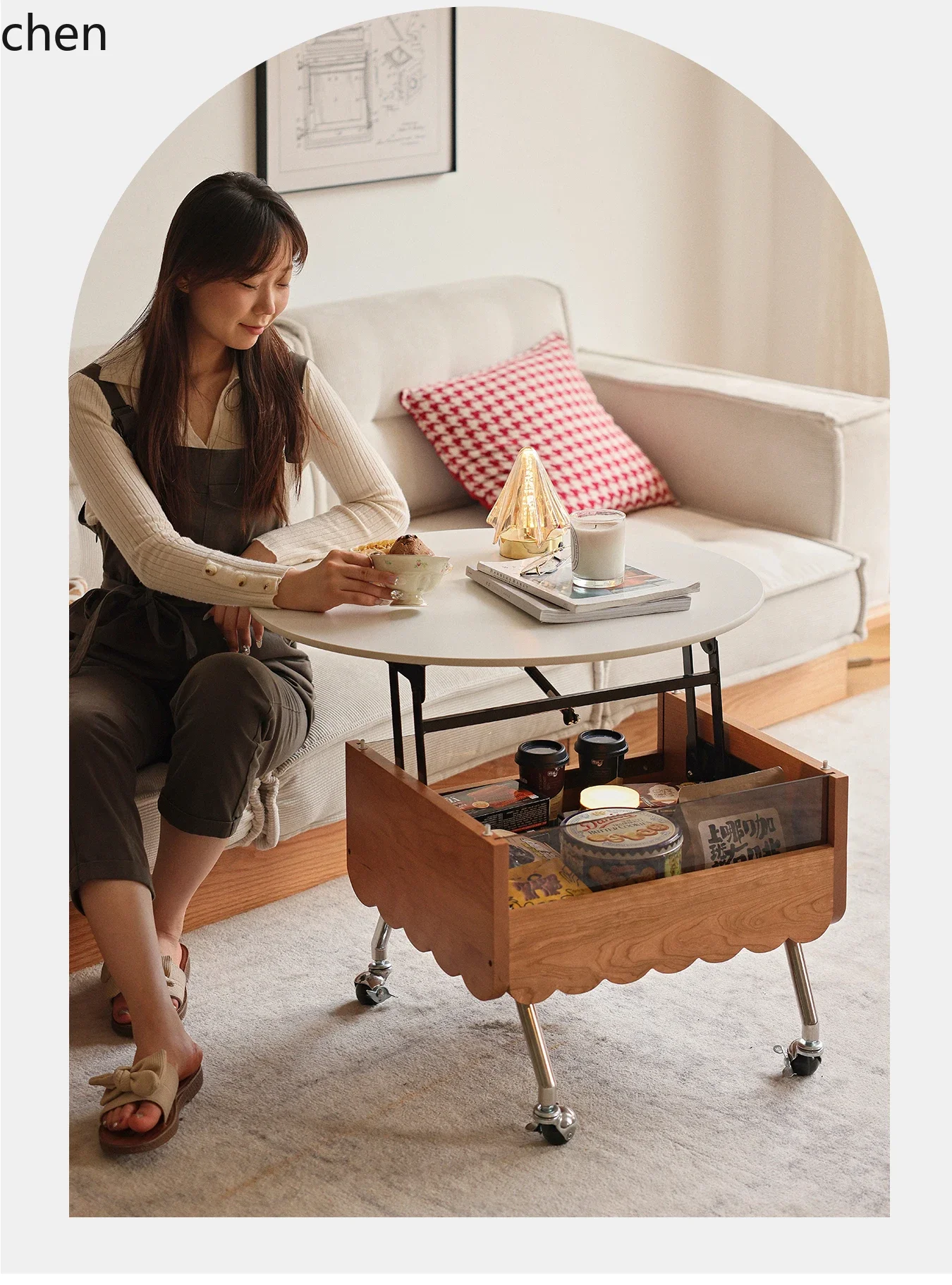H5.26 solid wood rock slab lifting coffee  tea table multi-functional sofa edge table mobile round