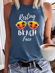 Women's Summer Coconut Tree Lette Print Large Casual Sleeveless Loose Tank Top T-shirt  Casual T Shirt