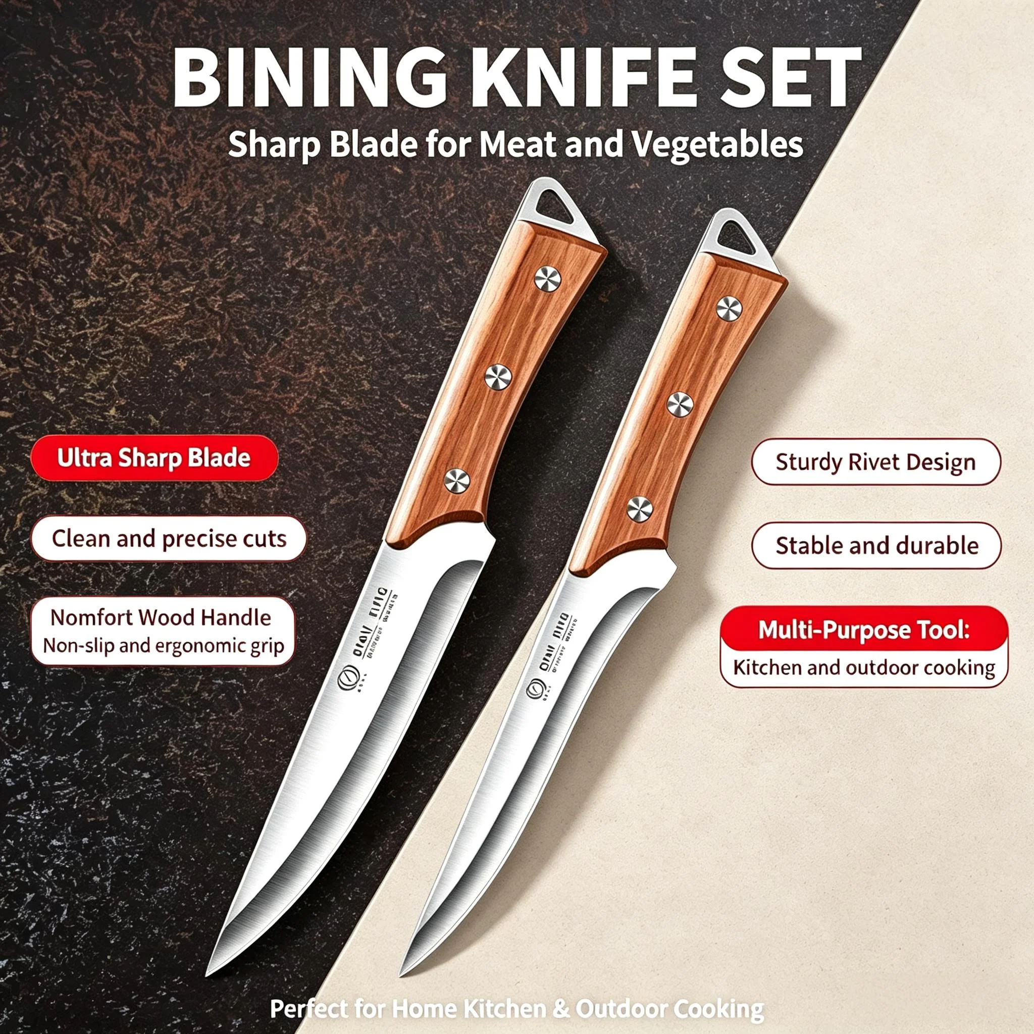 Stainless steel multi-purpose carving knife with blade guard, professional kitchen steak knife with wooden handle, fruit knife