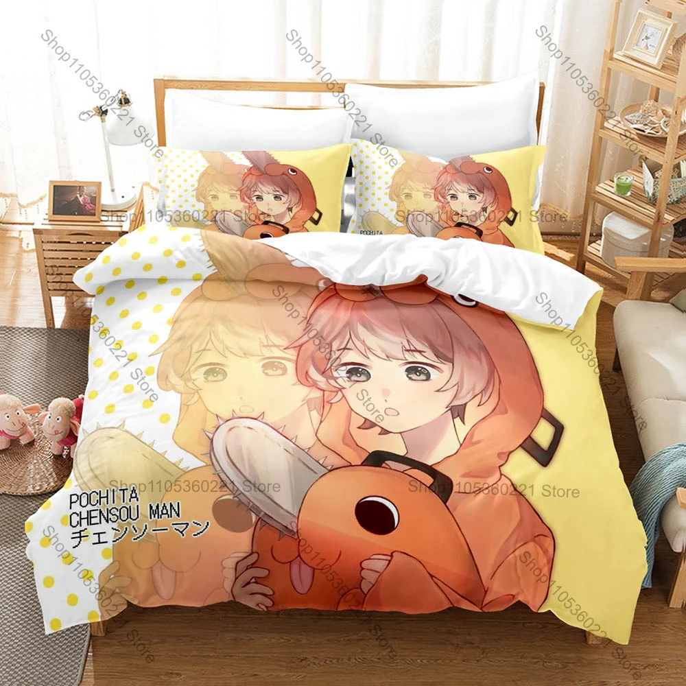Pochita Cute Devil Dog Denji Anime Print Bedding Set Soft Polyester Duvet Cover + 2 Pillowcases For Manga Fans Bedroom Decor