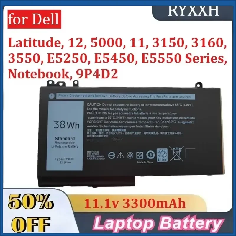 3300mAh 11.1V RYXXH Bateria for Dell Latitude, 12, 5000, 11, 3150, 3160, 3550, E5250, E5450, E5550 Series, Notebook, 9P4D2