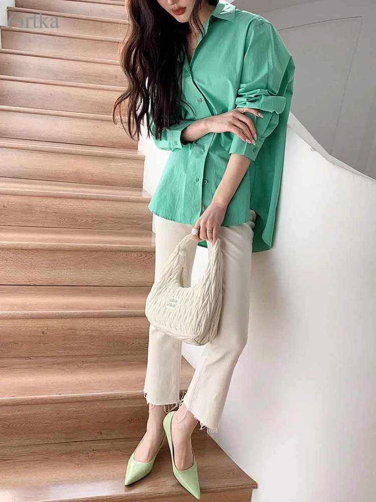 ARTKA 2023 Spring New Women Blouse 100% Cotton Fashion Casual Solid Color Shirts Long Sleeve Lapel Loose Shirt Female A23SA004C