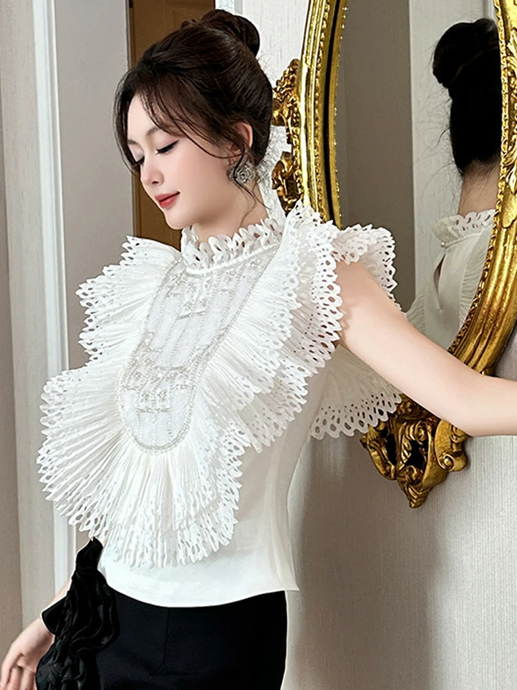 

Women Clothes White Sweet Flying Sleeves Shirt Mujer Elegant Luxury Ruffle Slim Short Tops Party Prom Blouse Casual Summer New