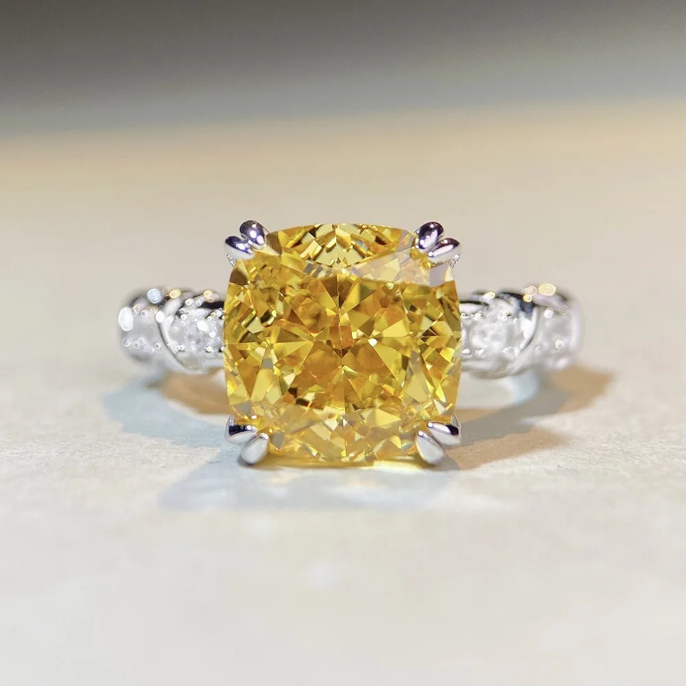 

T Family Ring European and American Cross-border Zircon Ring S925 Pure Silver Yellow Diamond Ice Flower Cutting Ring