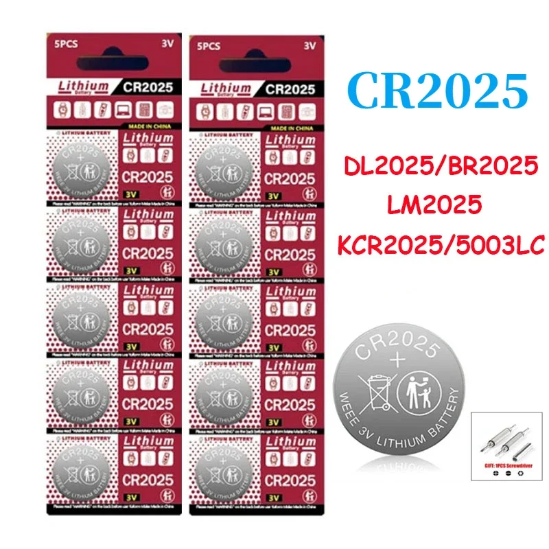 10PCS 3V CR2025 Lithium Button Battery DL2025 BR2025 5003LC LM2025 CR 2025 Coin Cell Watch Batteries for Toys Clock Compute