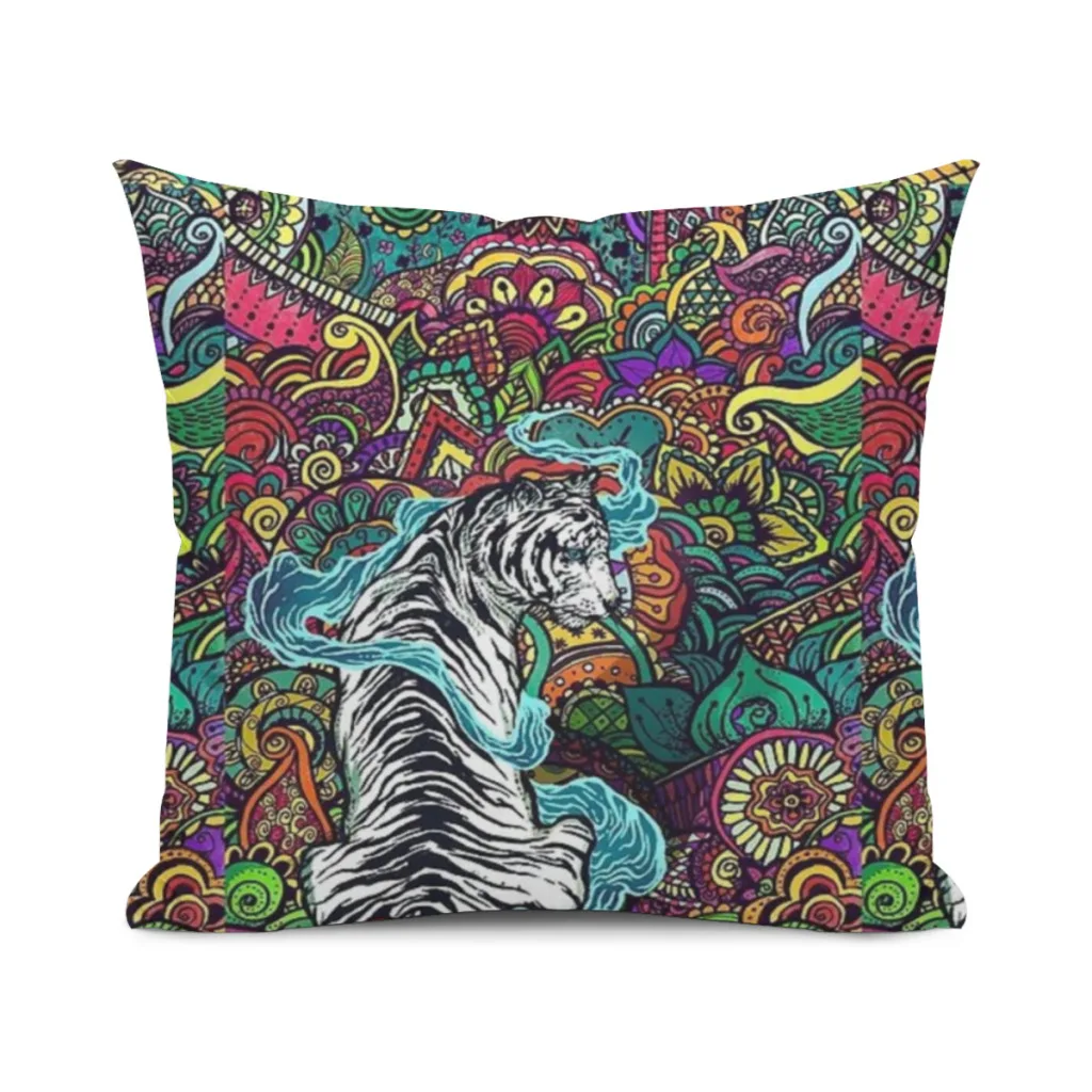 

The White Tiger -Tiger with colorful floral pattern Pillowcase Cushions Cover Cushions Home Decoration Pillows For Sofa