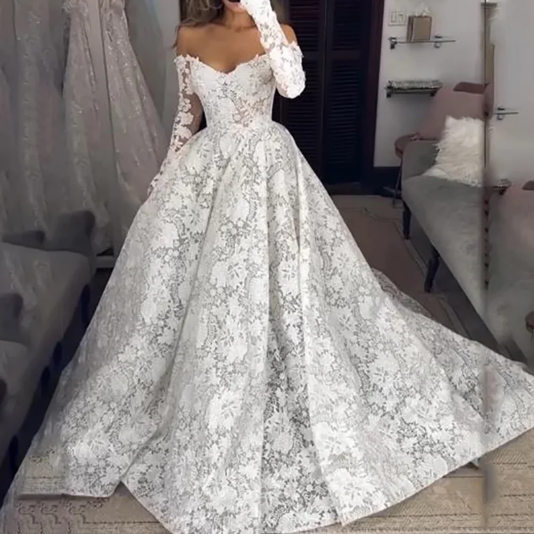 

High Collar A-Line Puff Sleeve Long Sleeve Bridal Gown 3D Flowers Mermaid Wedding Dresses Princess Bride Dress Customized