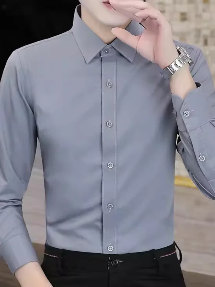 

Autumn Mens Long Sve Casual irt Slim Fit Color Busin Dr ey High End Men's Faion Pure Color irt