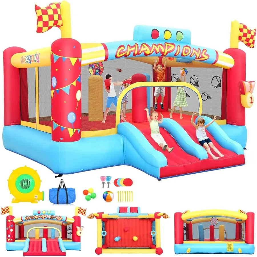 Bounce House Parque de juegos de pelota - Casa de rebote grande para niños de 8 a 12 años, Casa hinchable deportiva Mania con área de rebote grande/diapositivas duales Infl