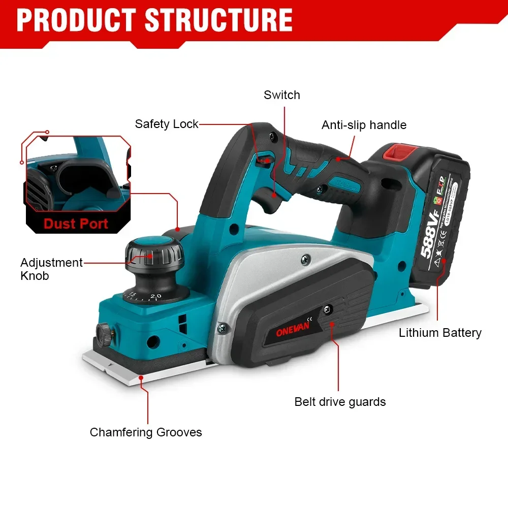 ONEVAN 30000RPM Brushless Electric Planer Cordless DIY Furniture Cutting Tool Power Planer Woodworking For Makita 18v Battery