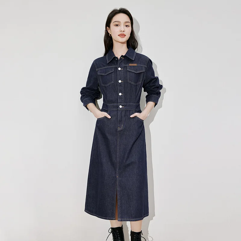 

Женское джинсовое платье с длинным рукавом, темно-синее винтажное платье в Корейском стиле, весна-осень 2023