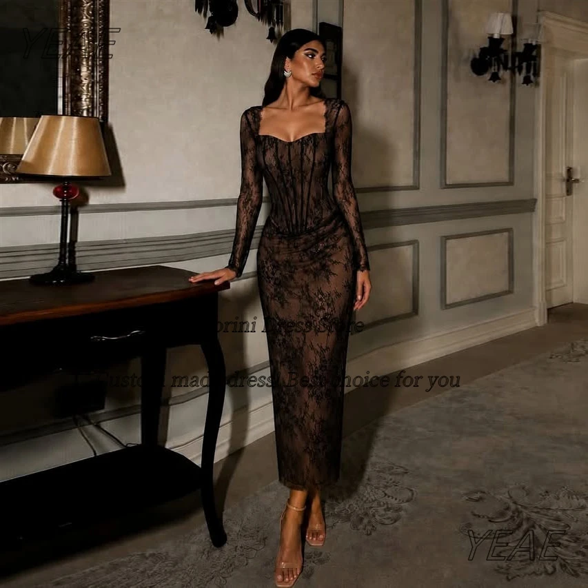 Santorini 2026 Black Lace Prom Dresses Square Neck Long Sleeves Evening Gowns Sheath Birthday Party Dress Customized