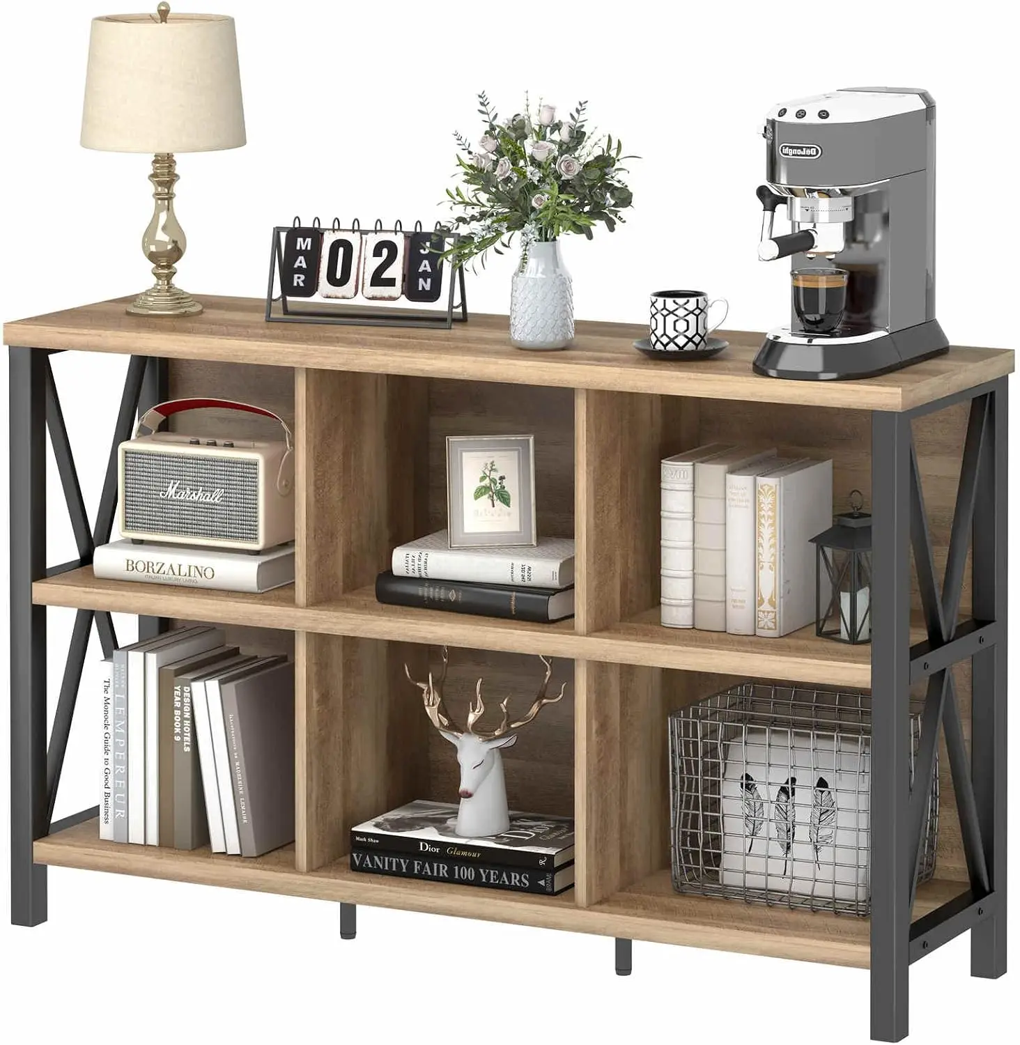 

Long Wood and Metal Cubby Bookcase, Industrial Horizontal Bookshelf (Rustic Oak 47