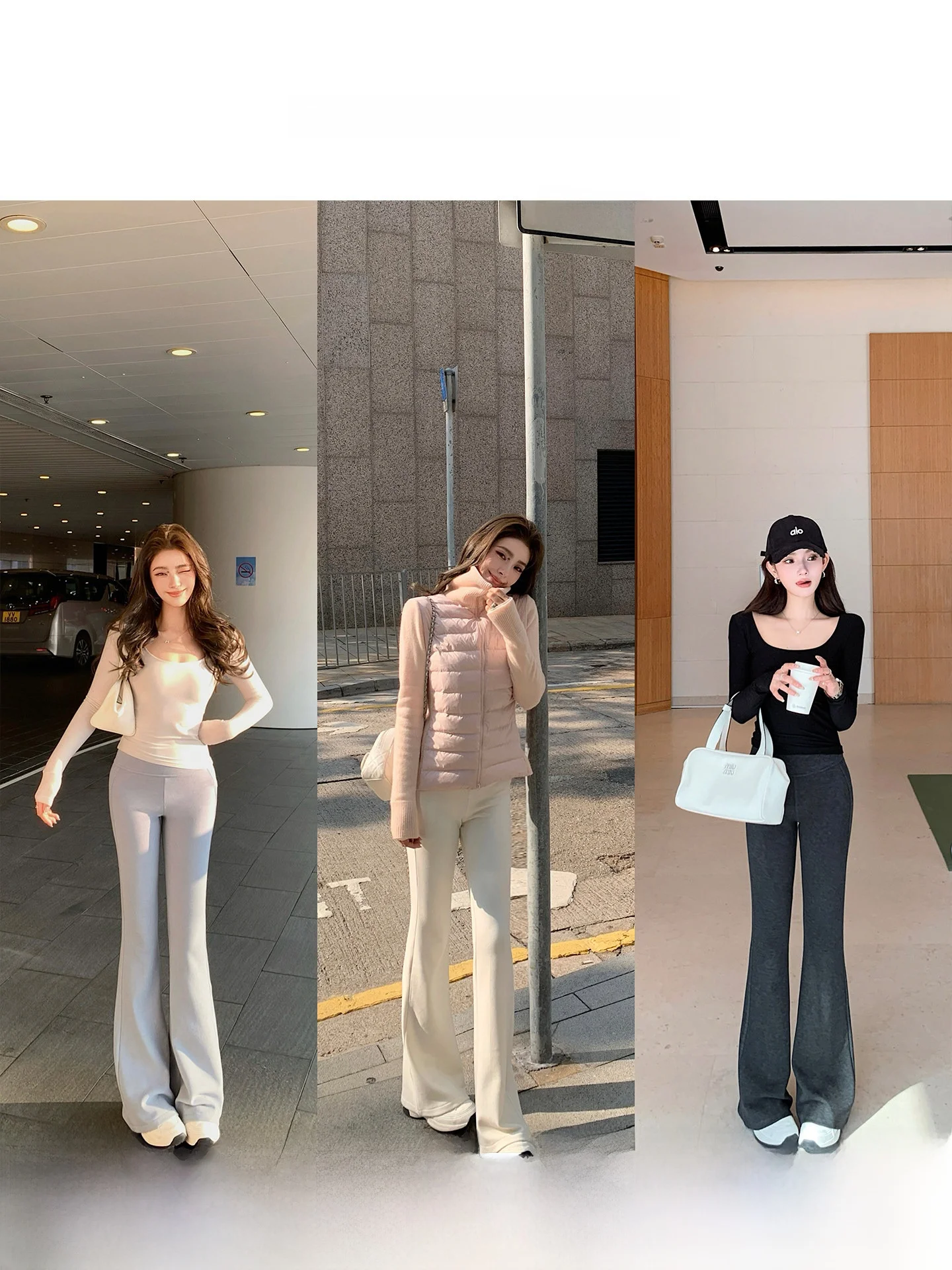 

Ultra Model Knitted Wool Blend Thin Fleece Bare Sensation Super Slimming Cartoon Leg Bell Bottom Pants Ladies Casual Trousers