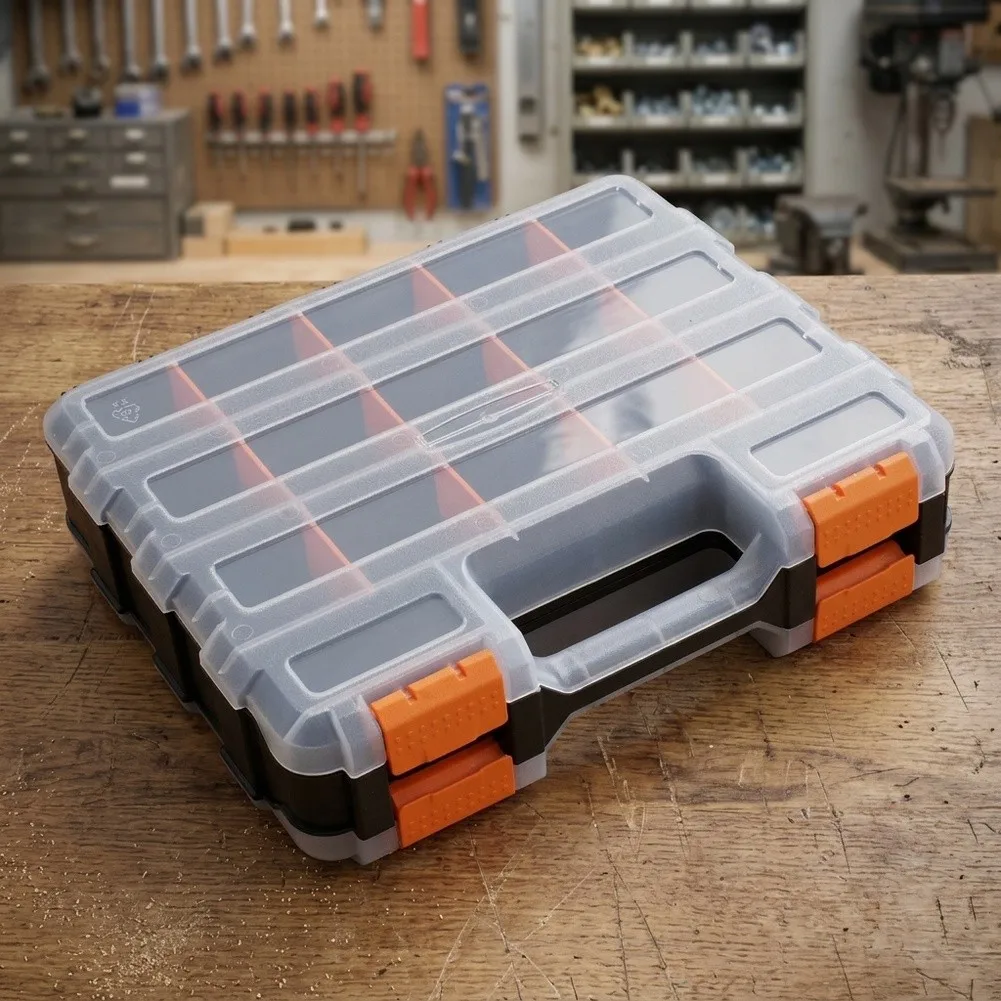 Double Sided T'ool Organizer Box Adjustable Dividers Transparent Lids Sturdy Locks For Small Parts Screws Hardware Storage Case