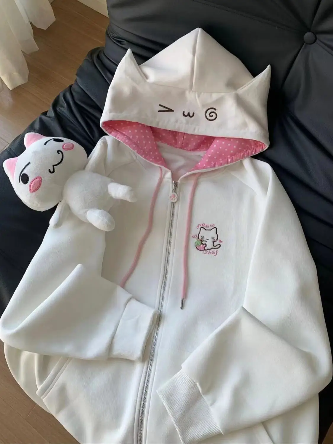 Ropa キュートなパーカー コート 漫画風キュートな猫耳プリント フード付きスウェットシャツ Y2K トップス レディース服 カジュアル ジップアップ ルーズ 新作パーカー
