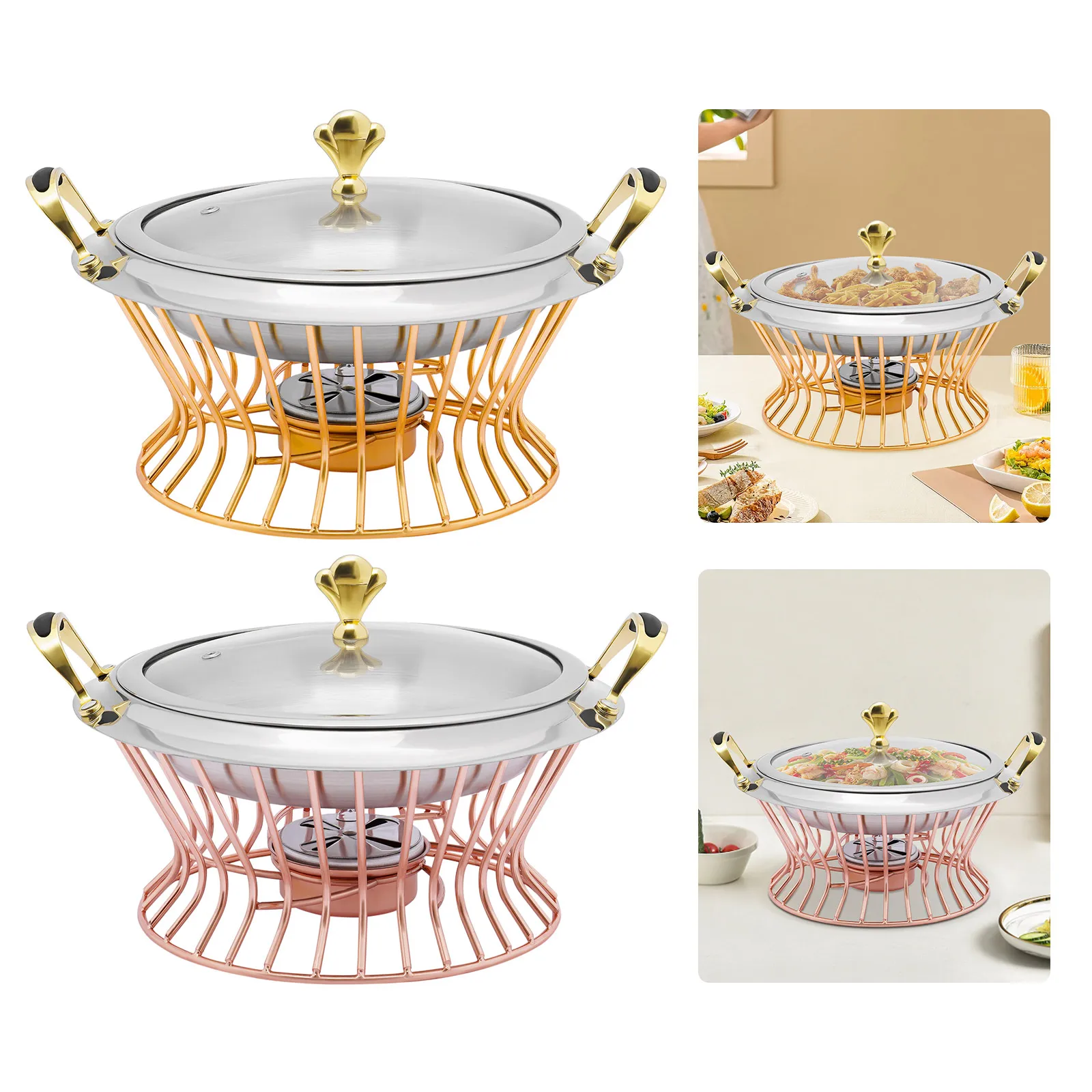 

24cm Stainless Steel Circular Chafing Dish,Golden/Red Copper Buffet Warmers with Fuel Holder for Various Cooking Needs