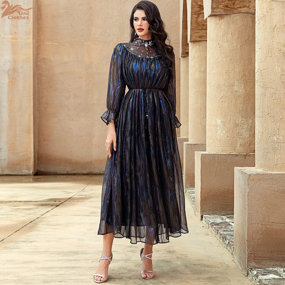 Dubai Shiny Diamonds Abaya Women Muslim Dress Voile High Neck Turkey Long Sleeve Kaftan Caftan Femme Vestidos Robe Evening Gown