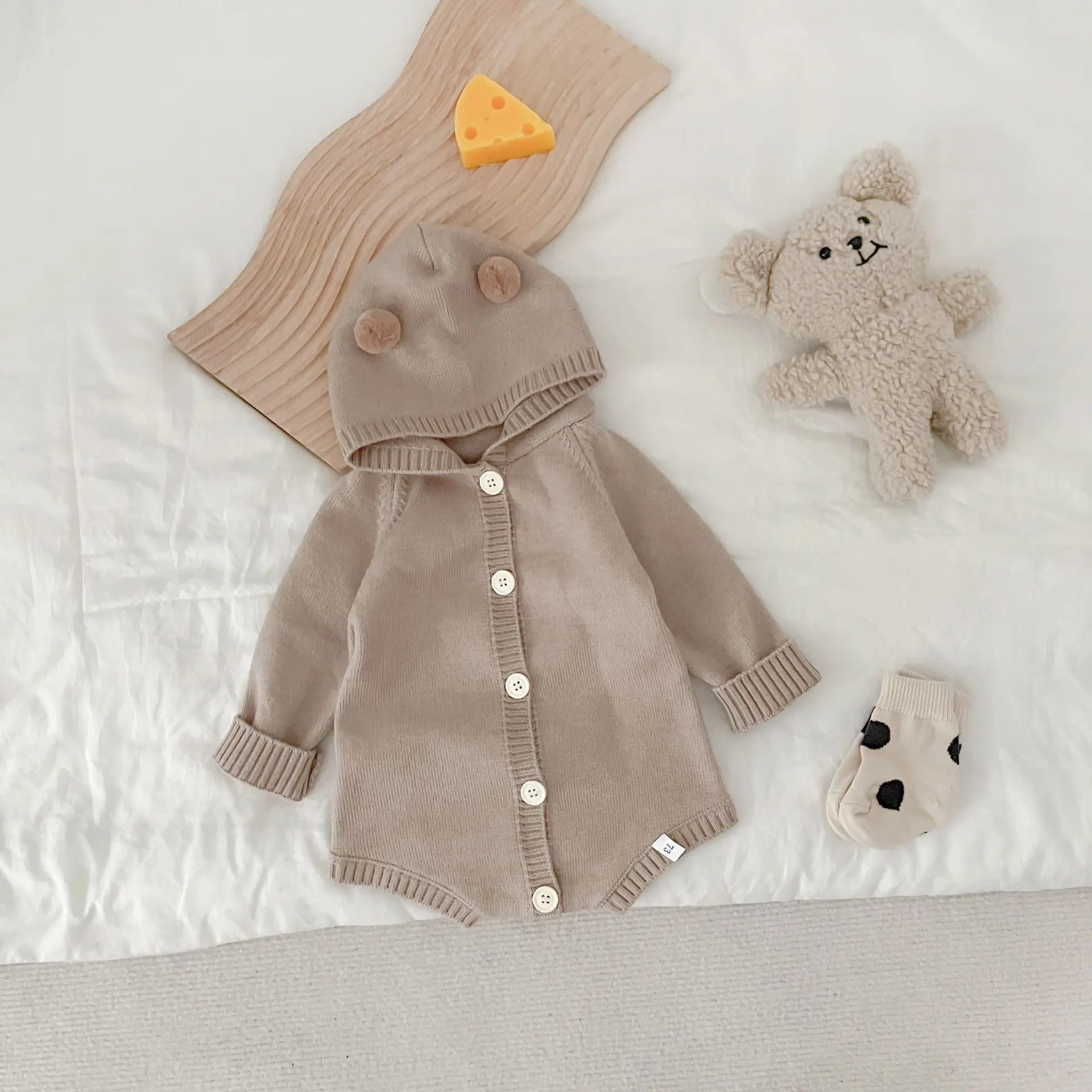 Pakaian bayi bordir, Jumpsuit benang rajut bayi musim gugur dan musim dingin, Hoodie lucu untuk bayi baru lahir