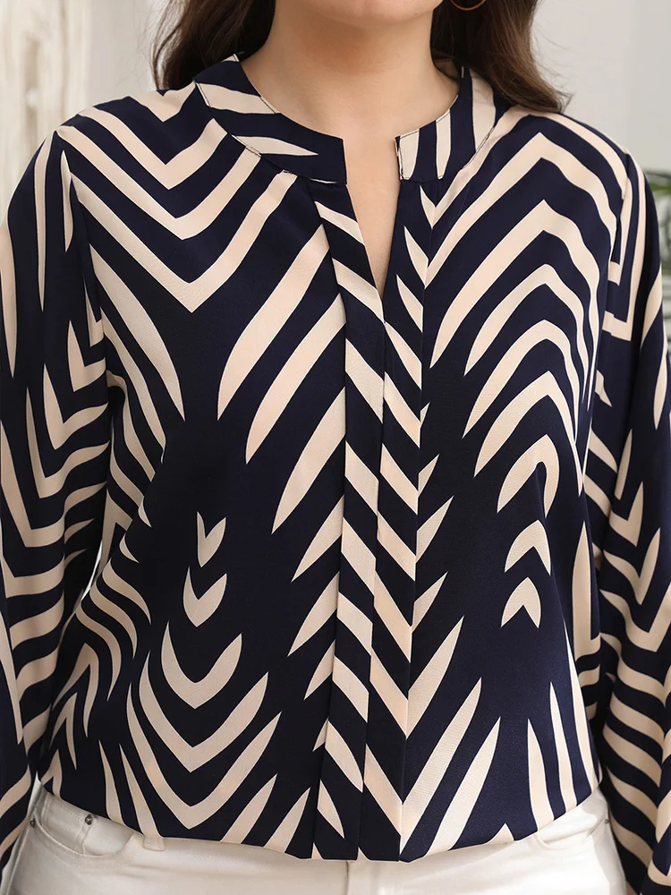 GIBSIE プラスサイズ レトロプリント ノッチネック ルーズシャツ レディース 2025 秋新作 長袖 オフィス カジュアル レディース トップス＆ブラウス