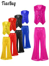 Conjunto de baile para niños y niñas, chaleco con lentejuelas y pantalones acampanados, traje de actuación para escenario, baile latino, Jazz, Chacha, discoteca