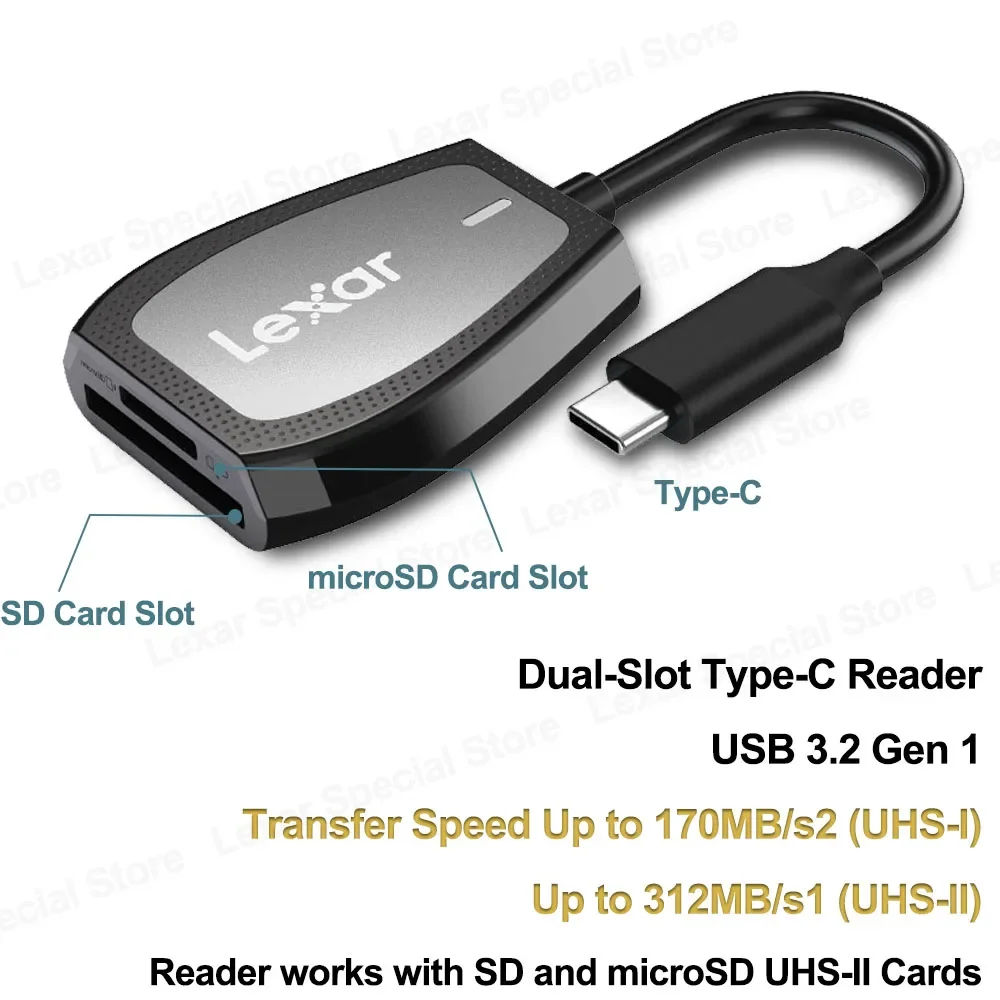 Lexar Card Reader USB 3.2 Type-C Dual-Slot Reader Supports SD and microSD UHS-II Cards Up To 312MB/s Speed Memory Card Reader
