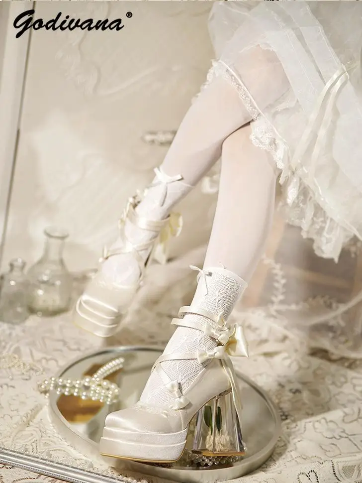 Original Lolita High Heels Elegant Ladies Camellia Embroidery Sweet Bow Satin Mary Jane Shoes Cos Shoes Women\'s Chunky Heels