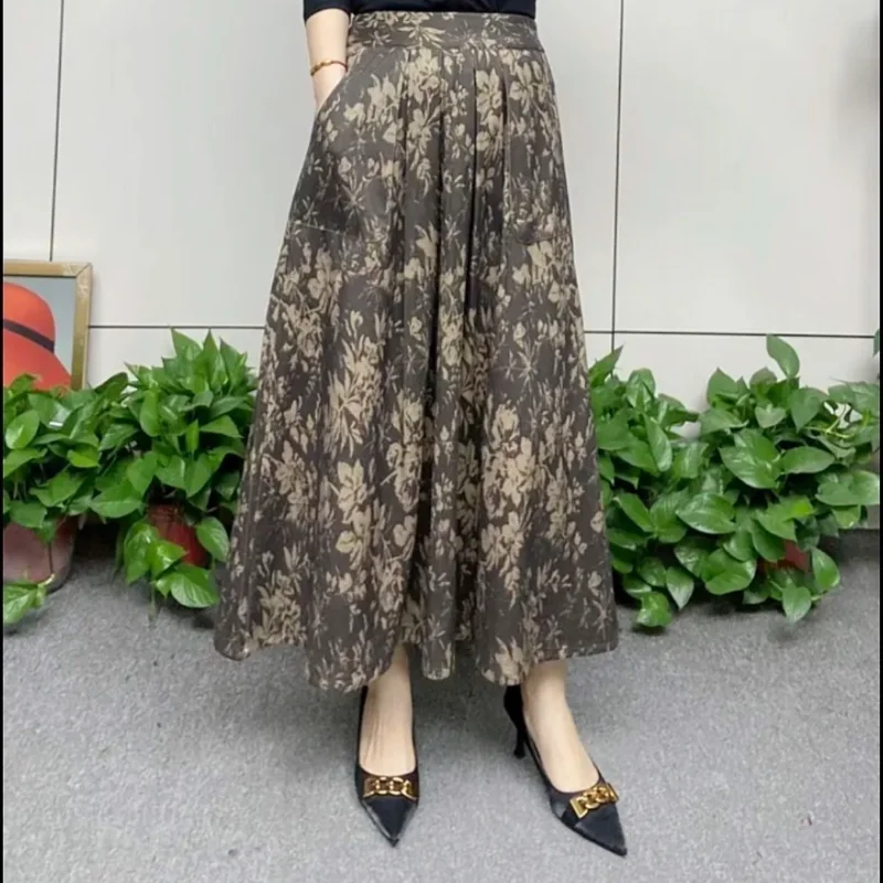 Modna spódnica dla mamy na wiosnę i jesień, nowa retro spódnica o średniej długości z nadrukiem, spódnica z wysokim stanem, spódnica w kształcie litery A.