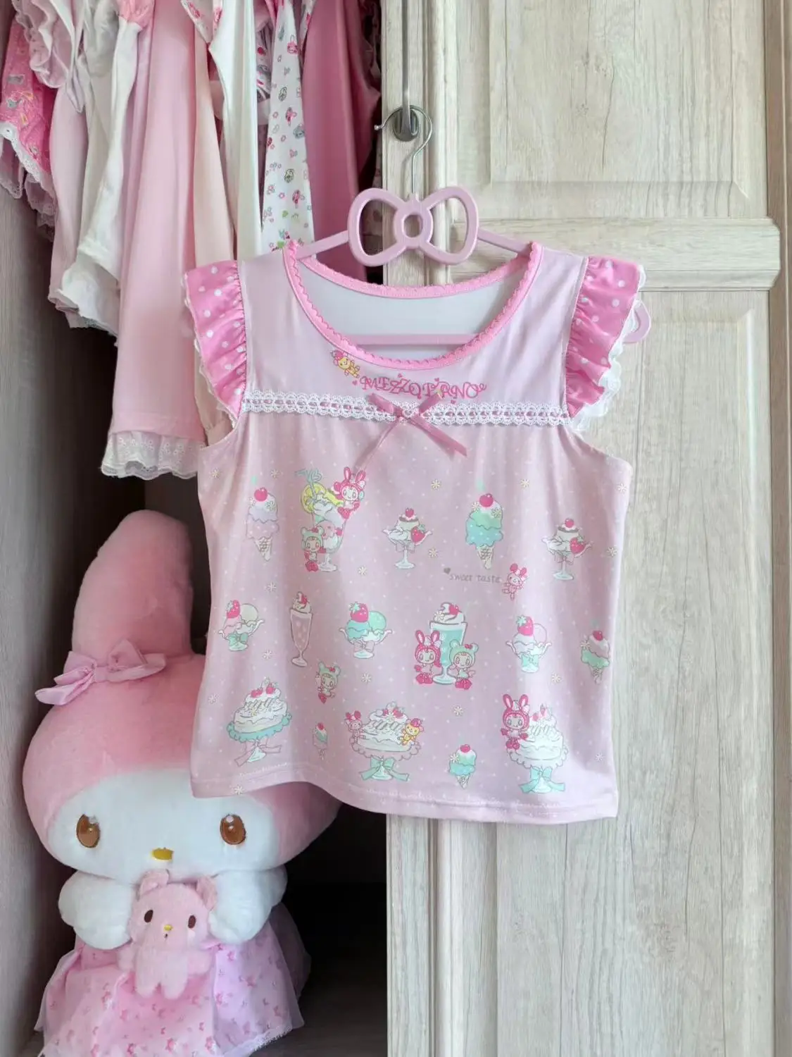 Japanese Cute Lace Bow Flying Sleeves Cartoon Mp Printed Sweet Girl Graphic T Shirts Summer New Daughter Clothing Y2k Crop Top