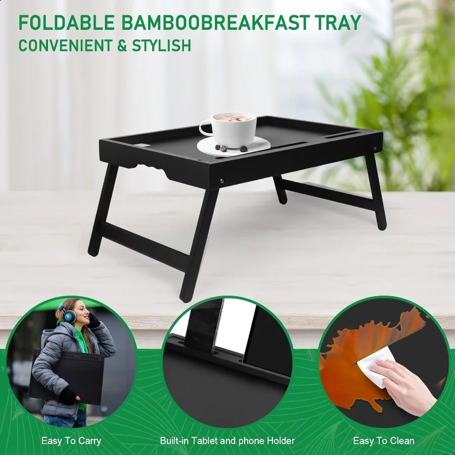 Bamboo Bed Tray Table with Folding Legs Phone Tablet Holder Foldable Breakfast Table Laptop Desk Black Medium