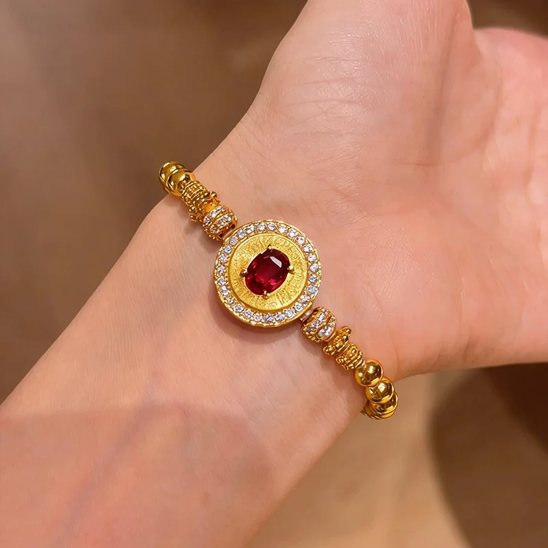 Retro Brushed Gold-plated Inlaid Red Crystal Bracelet High Carbon Zircon Blue Crystal Elastic Rope Bracelets for Women KOFSAC