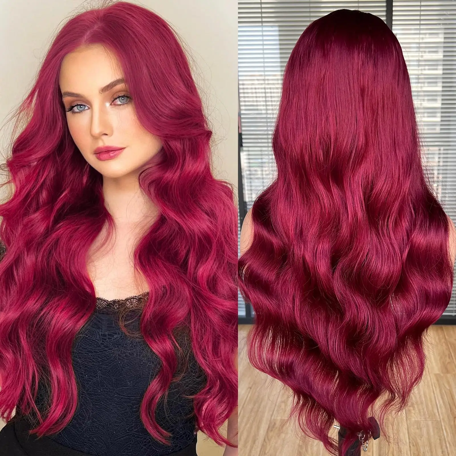 13*4 Lace Front Wig Long Wine Red Curly Water Wavy Synthetic Wigs for Women Natural Looking for Daily Part Use