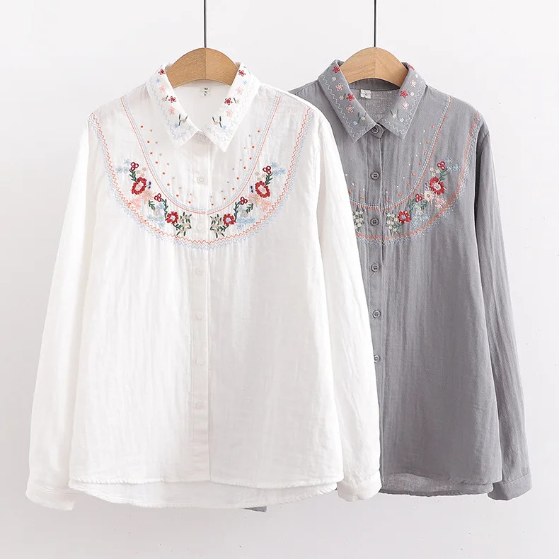 New Spring Cotton Retro Shirts Women Loose Lapel Neck Embroidery Blouses Girl Long Sleeve Casual Sweet Top 2024 Autumn T455116QM