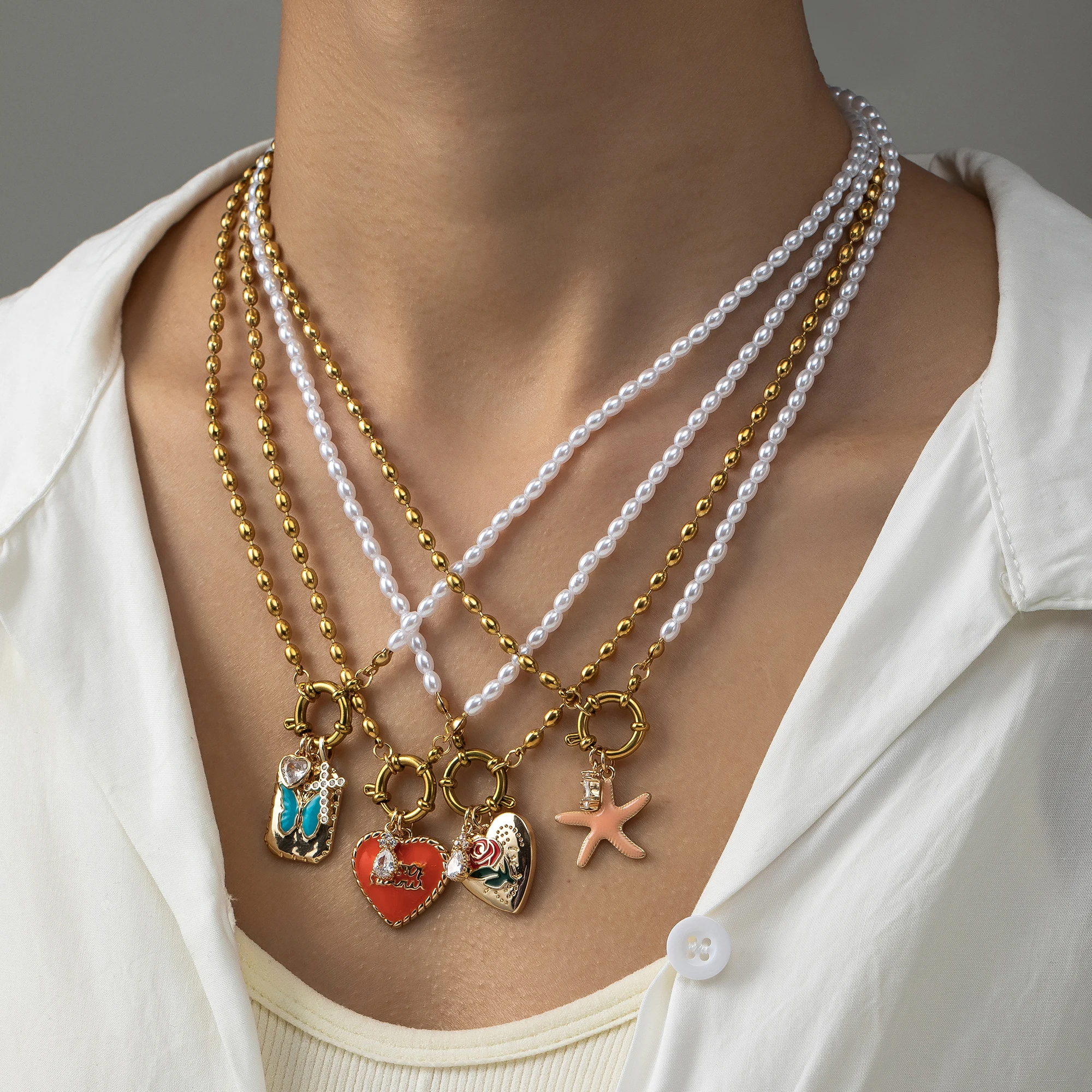 

Pearl Chain Design Butterfly Heart Handmade Jewelry Exquisite 18K Gold Plated Pendant Necklace