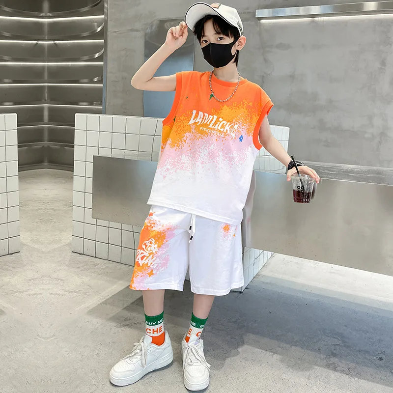 2024 Summer Junior Boy Tracksuit Teenager Boy Contrast Sport Sleeveless Tops+Sport Shorts Child Jogger Workout Set 5-14Yrs