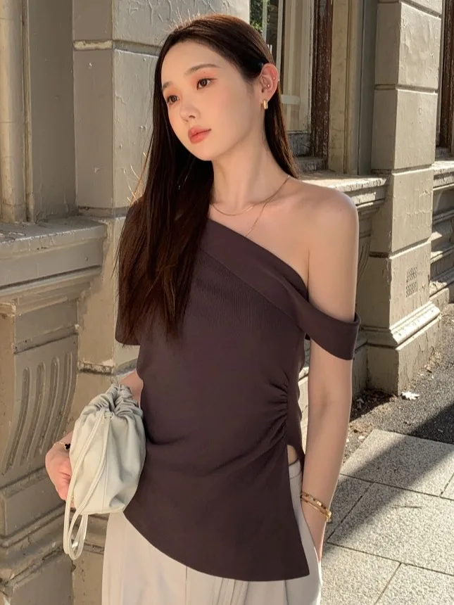 oulder Bared Slim Fit irt Women's Summer New Sle Sexy Personali Dstring Asymmetrical Side Slit Collar irt