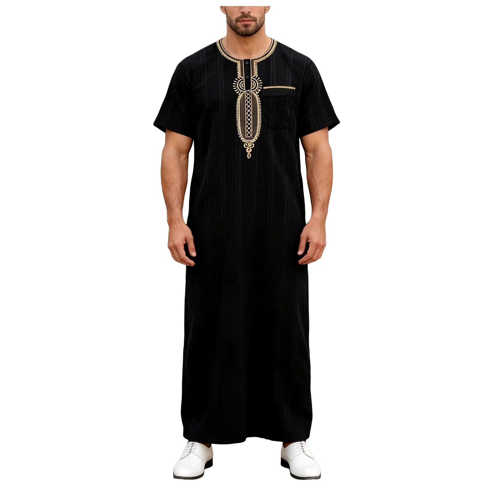 Muslim Men's Short Sleeve Jubba Thobe Embroidered Kaftan Abayas Traditional Islamic Clothing Turkey Saudi Arabian Kaftan Abaya