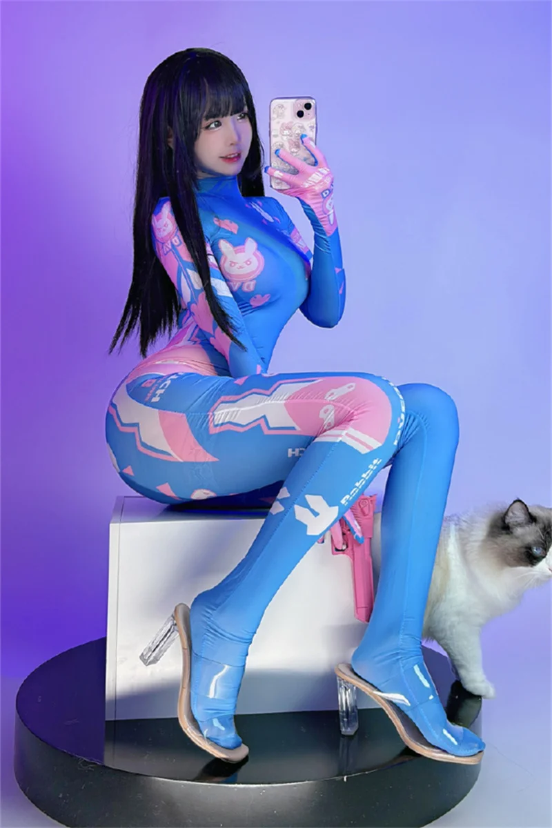 Women D.Va Cosplay Mechanical Sexy Bunny Jumpsuit and Bodystocking Sukumizu Costumes Swimwear Bodysuit Stocking Set