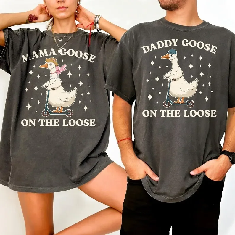 Mama & Daddy Goose on The Loose Shirt Silly Goose Funny Family Tee Kawaii Clothes Graphic T Shirts Summer Cotton Tee Tops