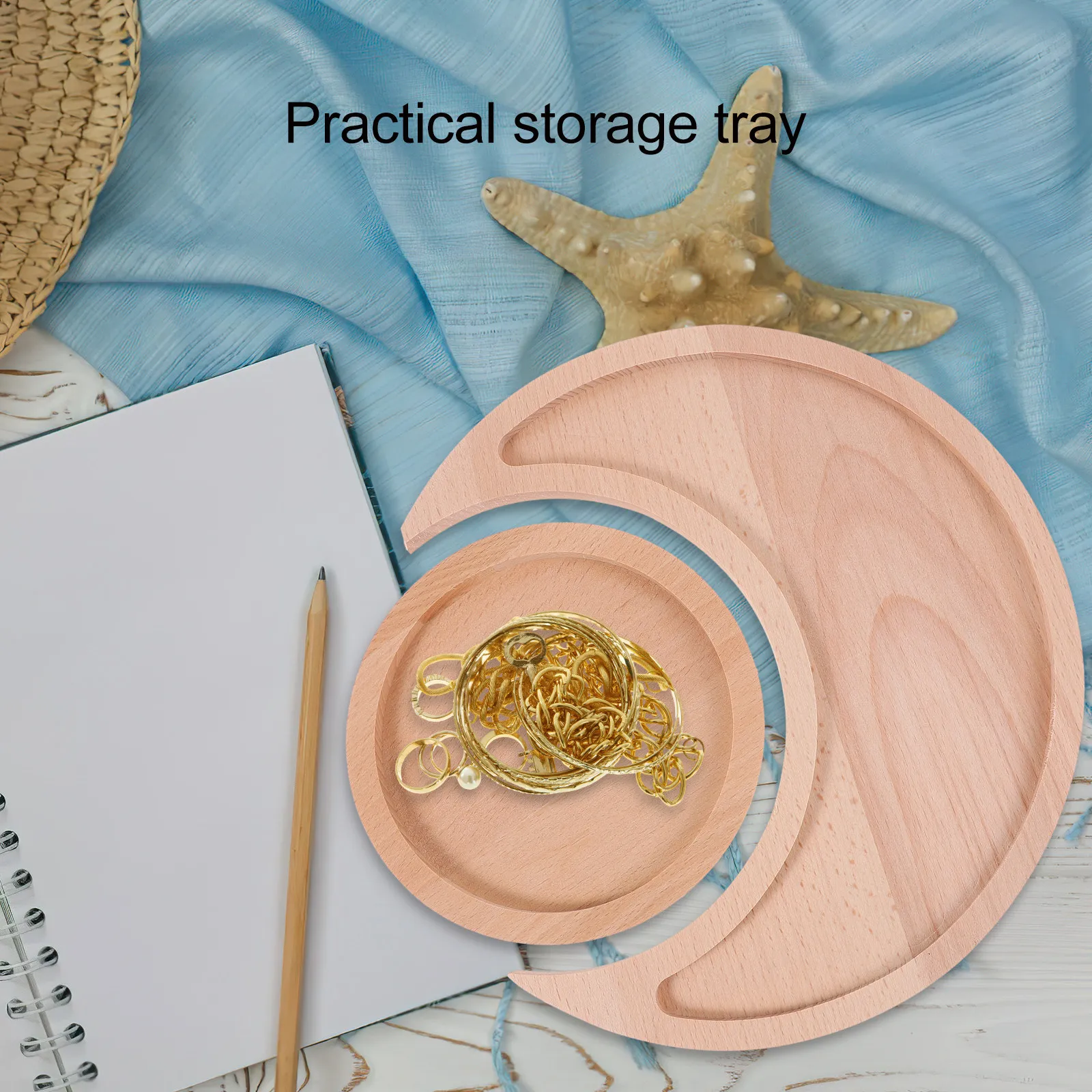 1Set Moon Shape Wooden Storage Tray for Jewelry Cosmetics Keys Stationery Exquisite Decorative Display Plate Versatile Sundries