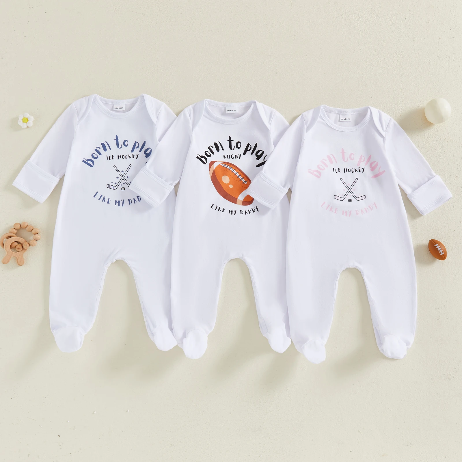 

Baby Fall Jumpsuit Casual Long Sleeve Round Neck Sports Ball Print Romper Footie Pajamas Newborn Outfit Footies