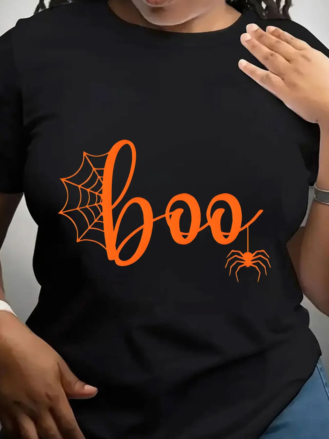 Women's Trendy Crew Neck T-Shirt Orange Boo Spider Web Print Suitable for Casual Sportswear