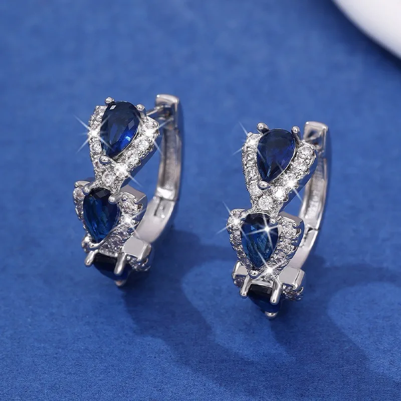Pendientes de aro de circonia cúbica azul para mujer, de Plata de Ley 925, pendientes colgantes circulares elegantes de lujo, regalos de joyería para fiesta y boda