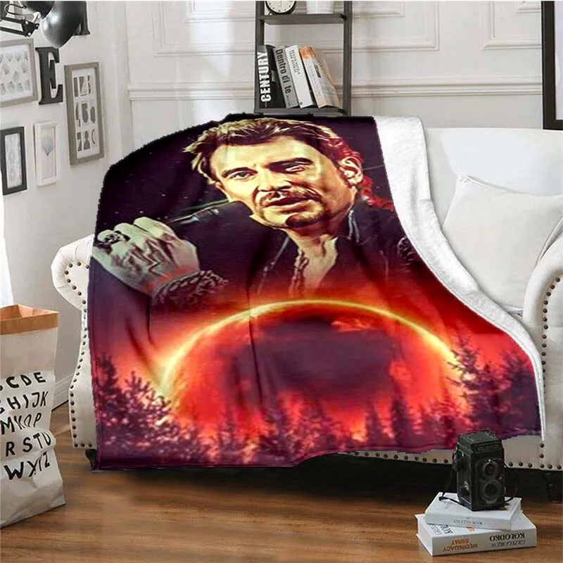 Singer Johnny Hallyday Print Flannel Blanket Ultra Soft Cozy Throw For Bedroom Sofa Retro Rock Style Home Bedding Decor Gift