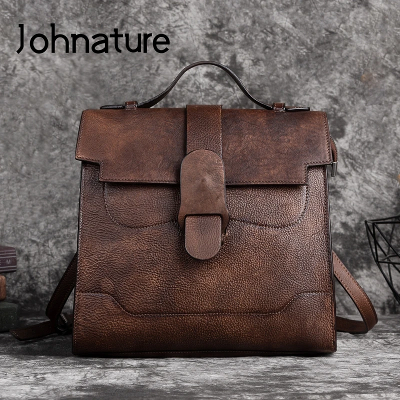 Johnature Retro Genuine Leather Women Bag 2024 New Hand Painted Solid Color Handbag Soft Cowhide Large Capacity Shoulder Bags