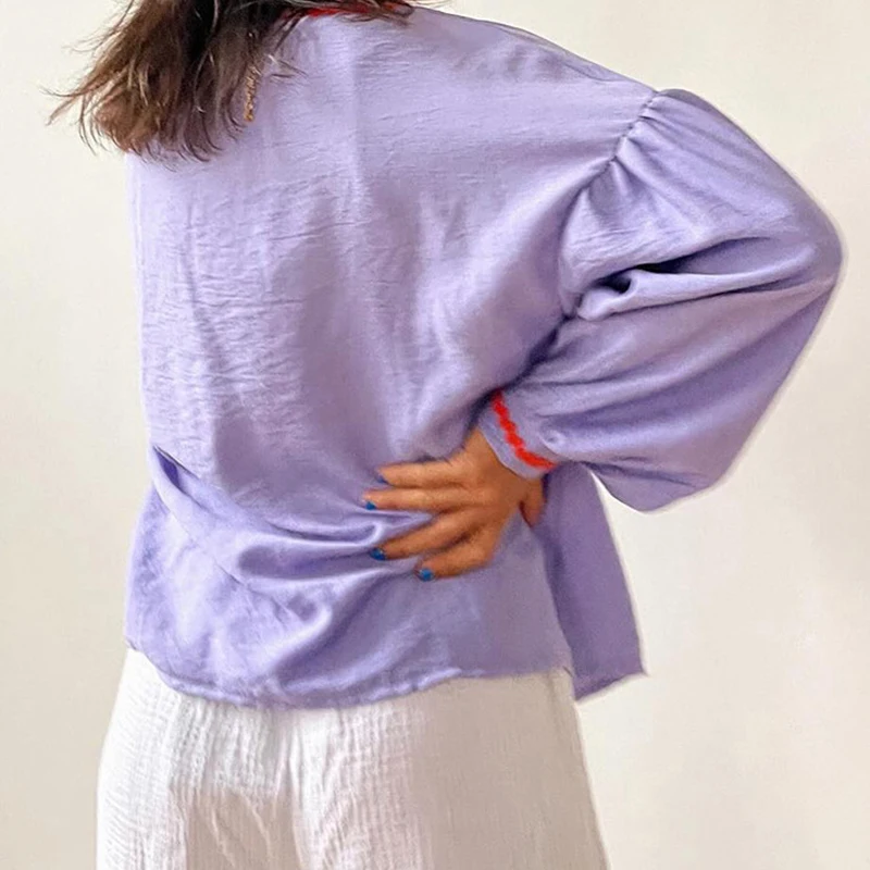 Blusa de manga larga con cuello en V para mujer, camisa holgada con lazo, abrigo elegante con estampado de contraste, moda de otoño y primavera