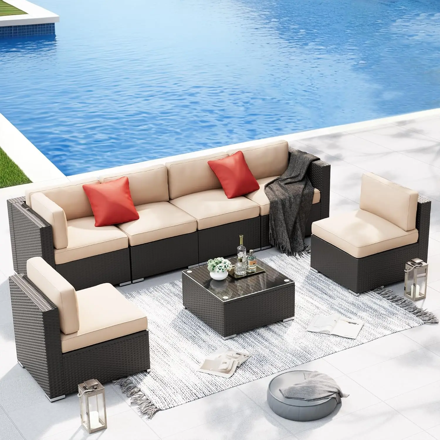 

7-Piece Outdoor Patio Furniture Sofa Set All-Weather Wicker Sectional Conversation Set with Modern Glass Coffee, Customized