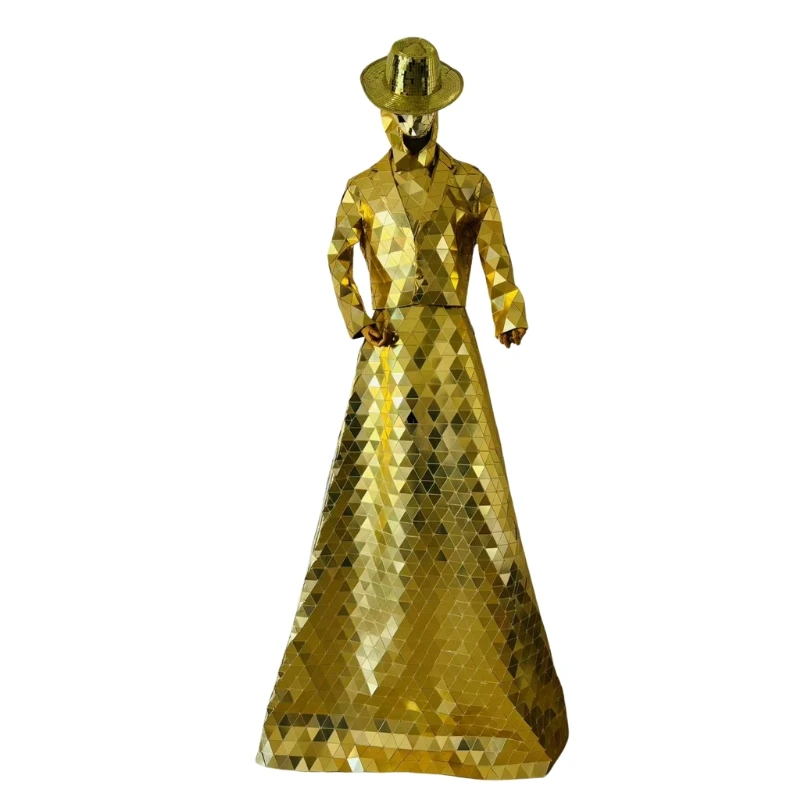 Hand Sewn Gold Stilts Walker Mirror Costumes Cute Hat For Stage Performance Dress Halloween Celebration Christmas Party Show